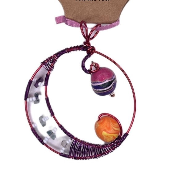 Moon pendant red wire wrap polymer clay rainbow moonstone handmade no chain - Picture 1 of 4